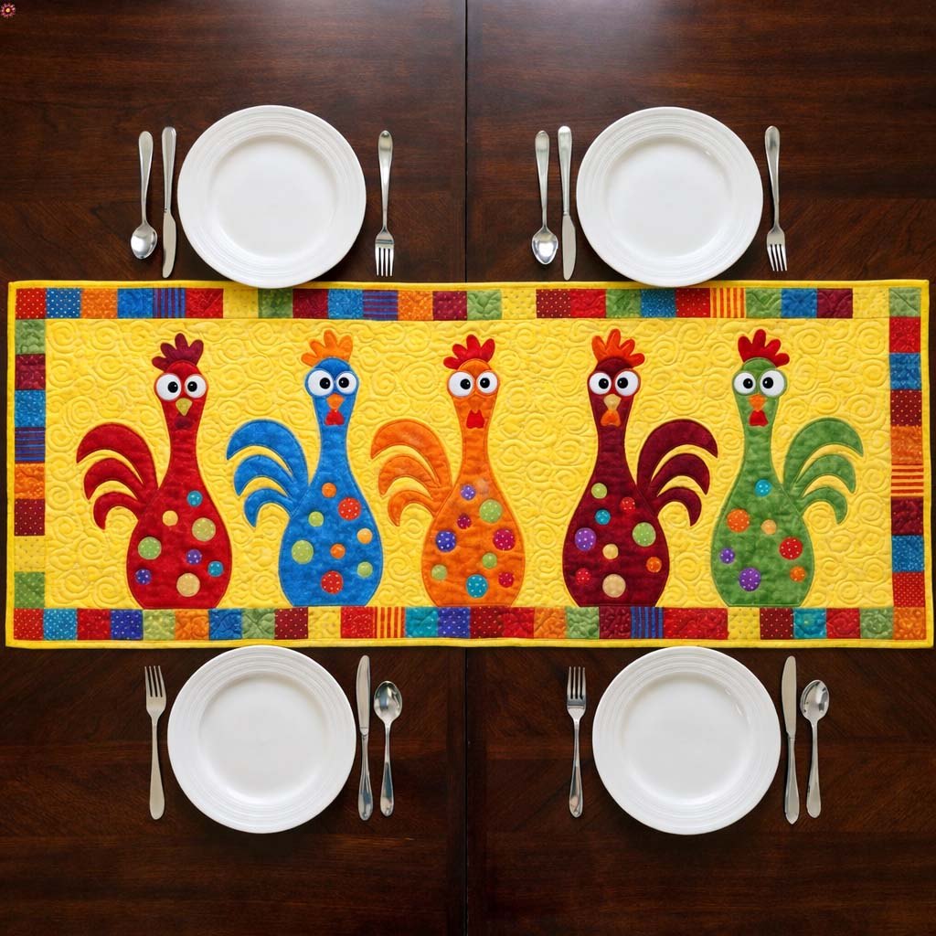 Bright Roosters on Yellow Panel Table Runner