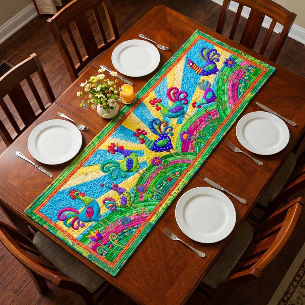 Green and Pink Folk Birds Table Runner