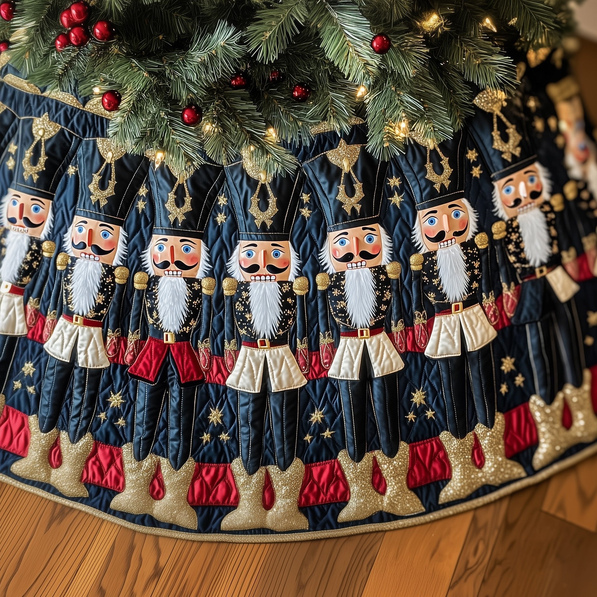 Nutcracker Guard on Navy Stars in Christmas Tree Skirt
