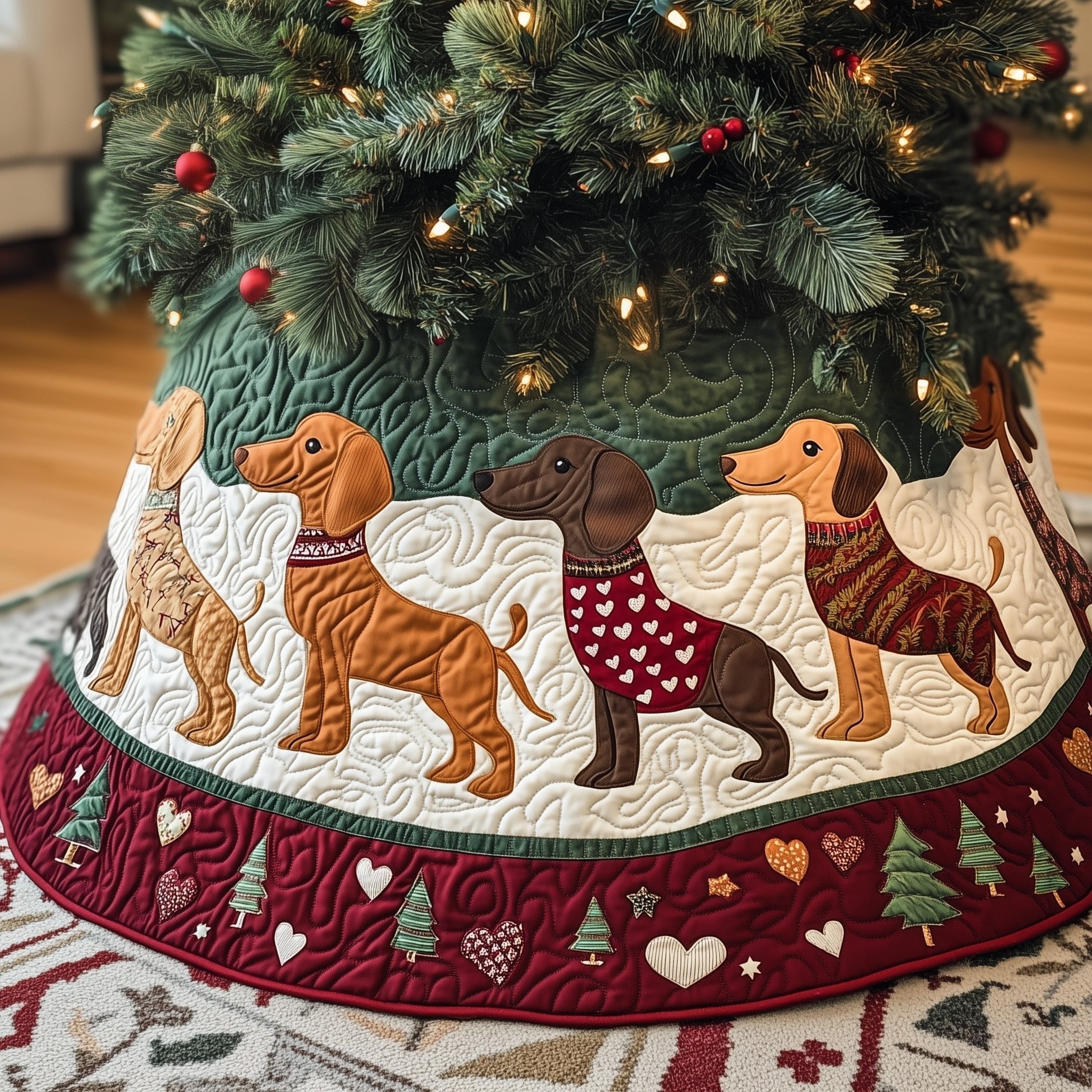 Dachshunds on Burgundy Heart Border Christmas Tree Skirt