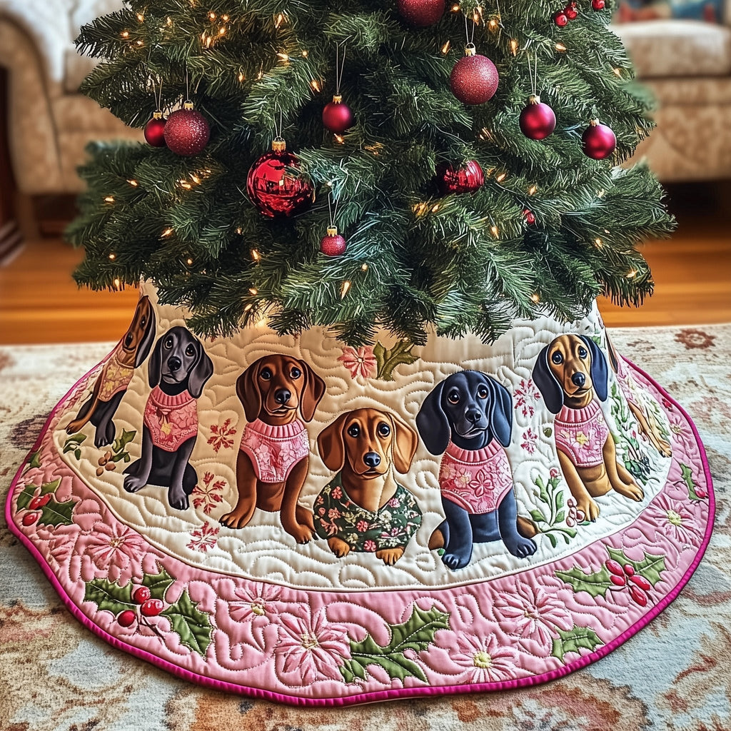Dachshunds in Pink Sweaters Pink Rim Christmas Tree Skirt