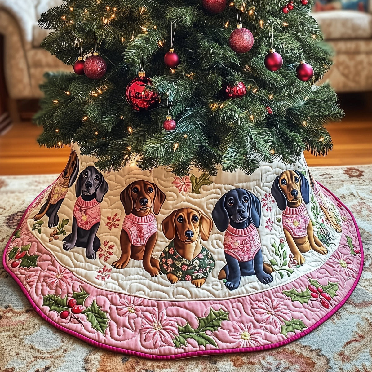 Dachshunds in Pink Sweaters Pink Rim Christmas Tree Skirt