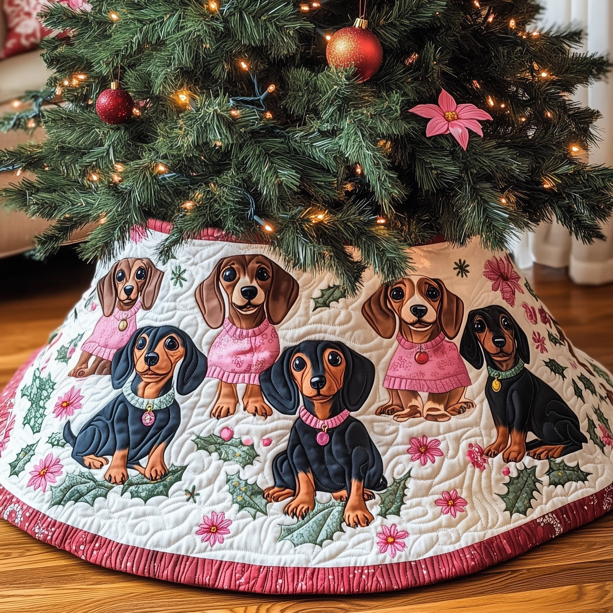 Dachshunds in Pink with Poinsettias Christmas Tree Skirt