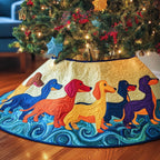 Rainbow Dachshunds on Blue Waves Christmas Tree Skirt