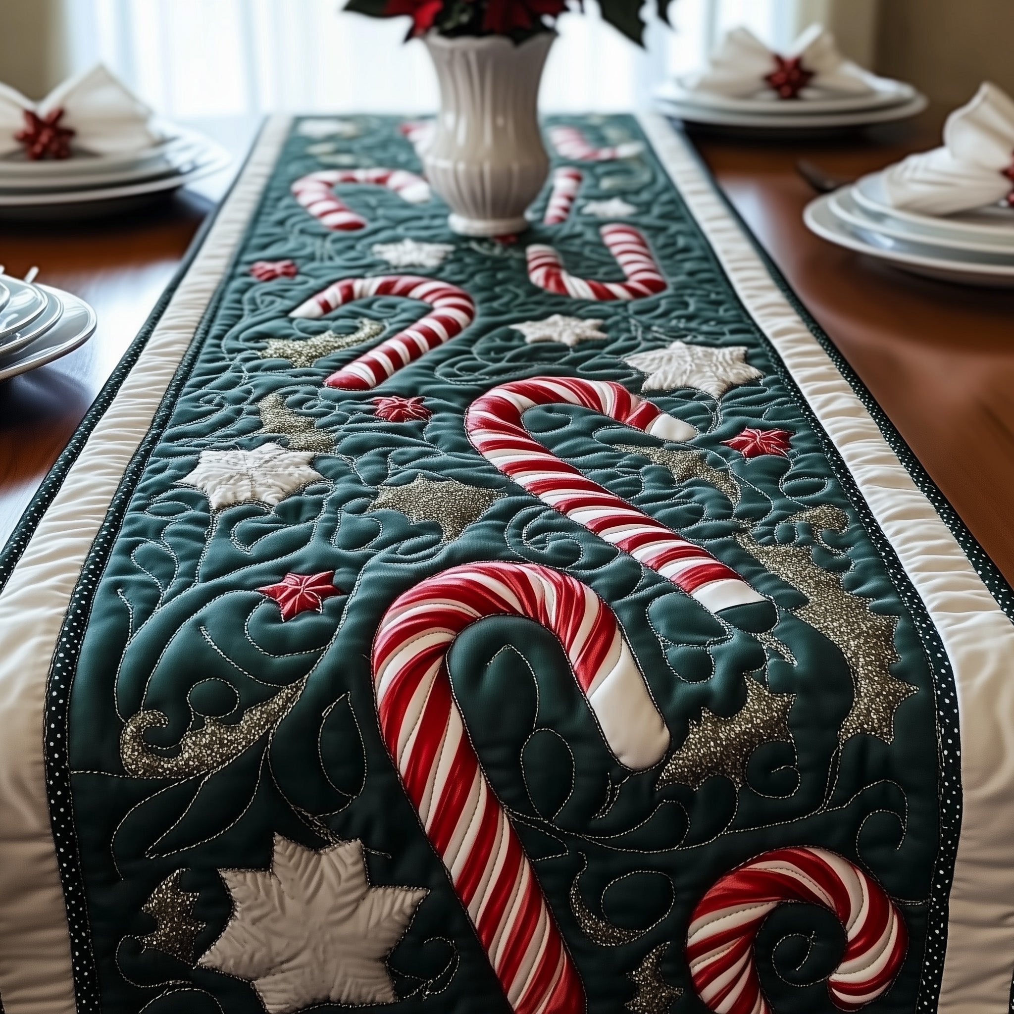 Candy Canes on Teal Panel Table Runner