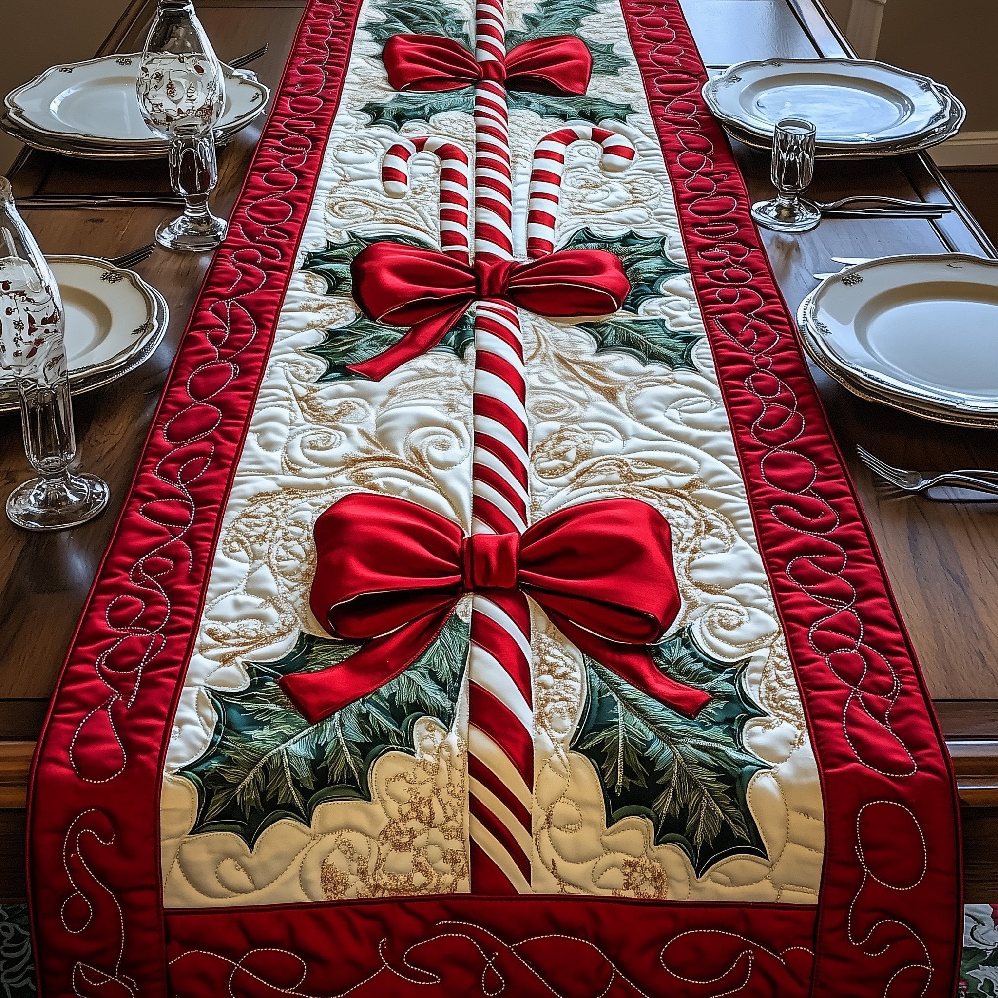 Candy Canes with Bow and Holly Table Runner