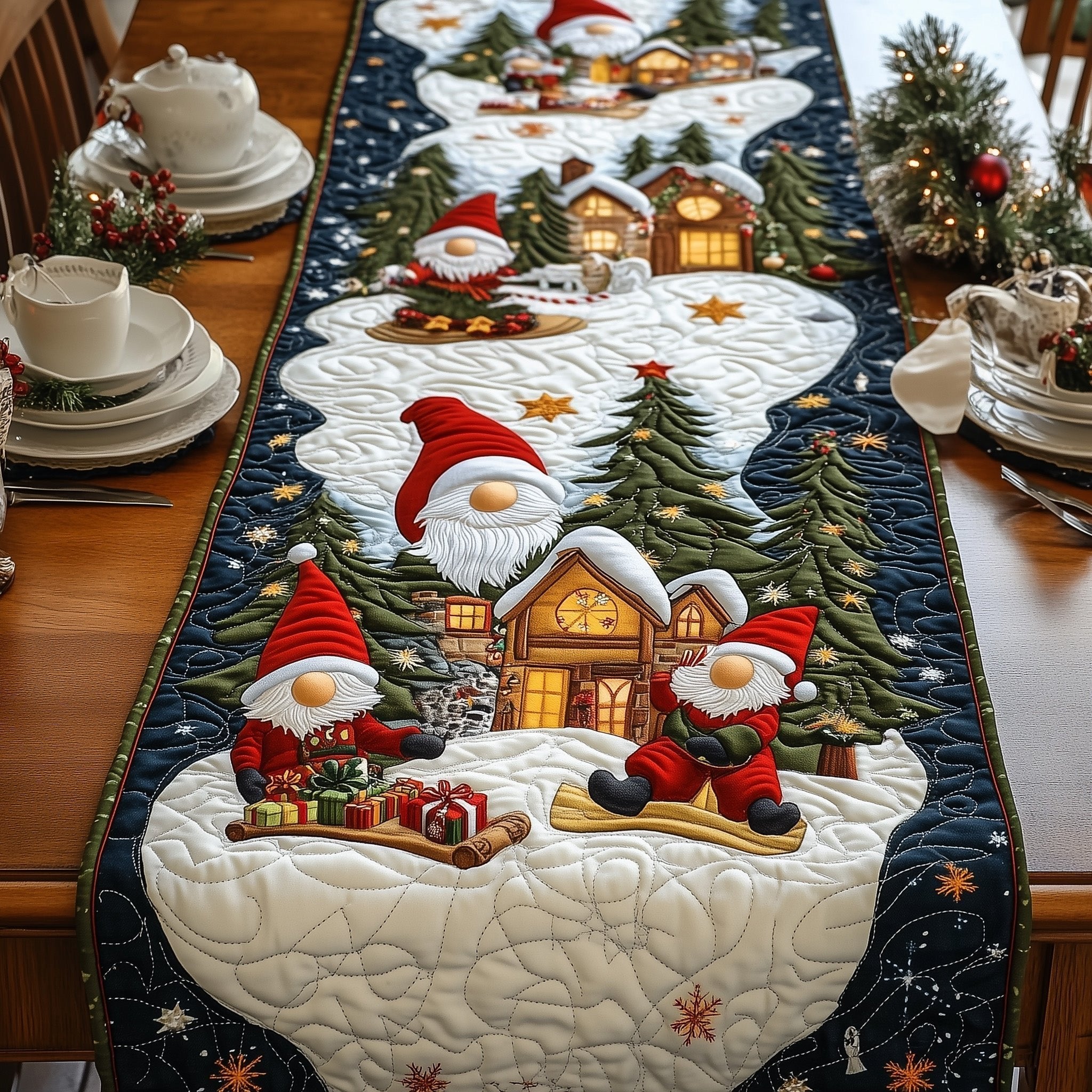 Gnomes Beside Snowy Cottage in Blue Table Runner