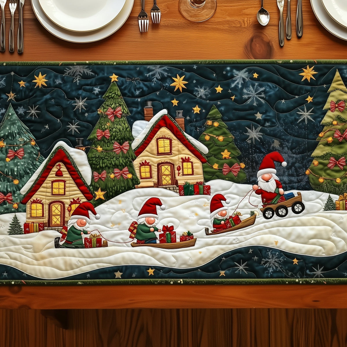 Snow Village with Sledding Gnome Table Runner