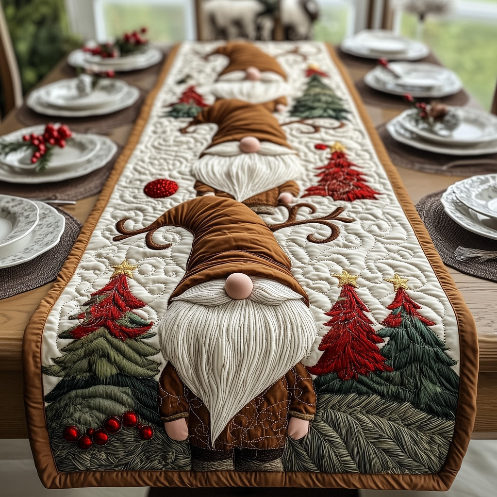Brown Hat Gnome Among Red Trees Table Runner