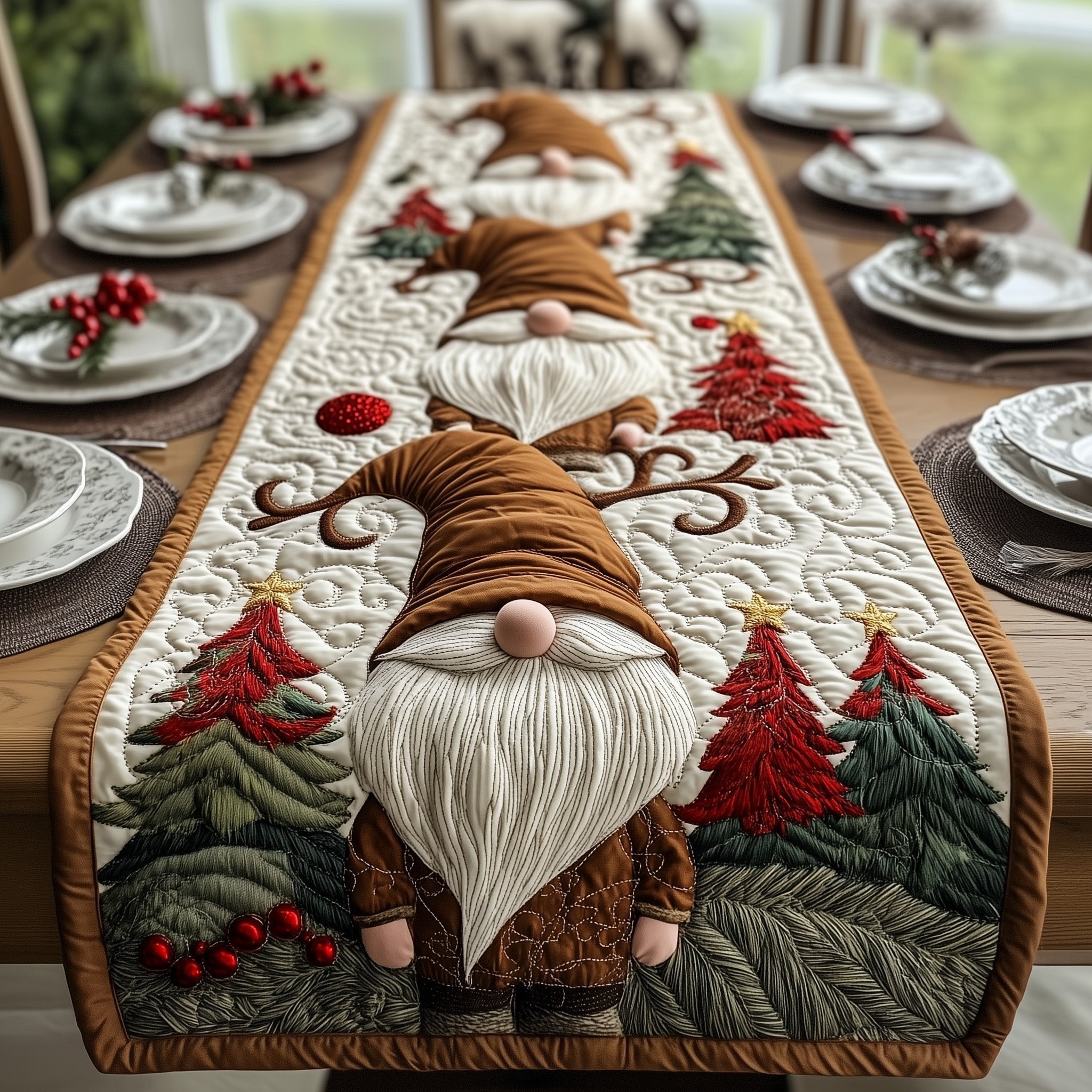 Brown Hat Gnome Among Red Trees Table Runner