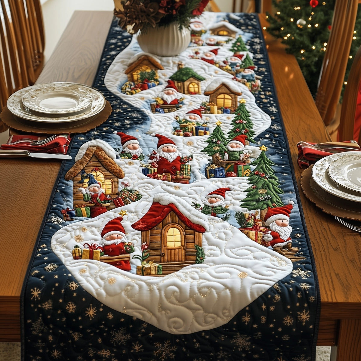 Snowy Village Under Starry Navy Sky Table Runner