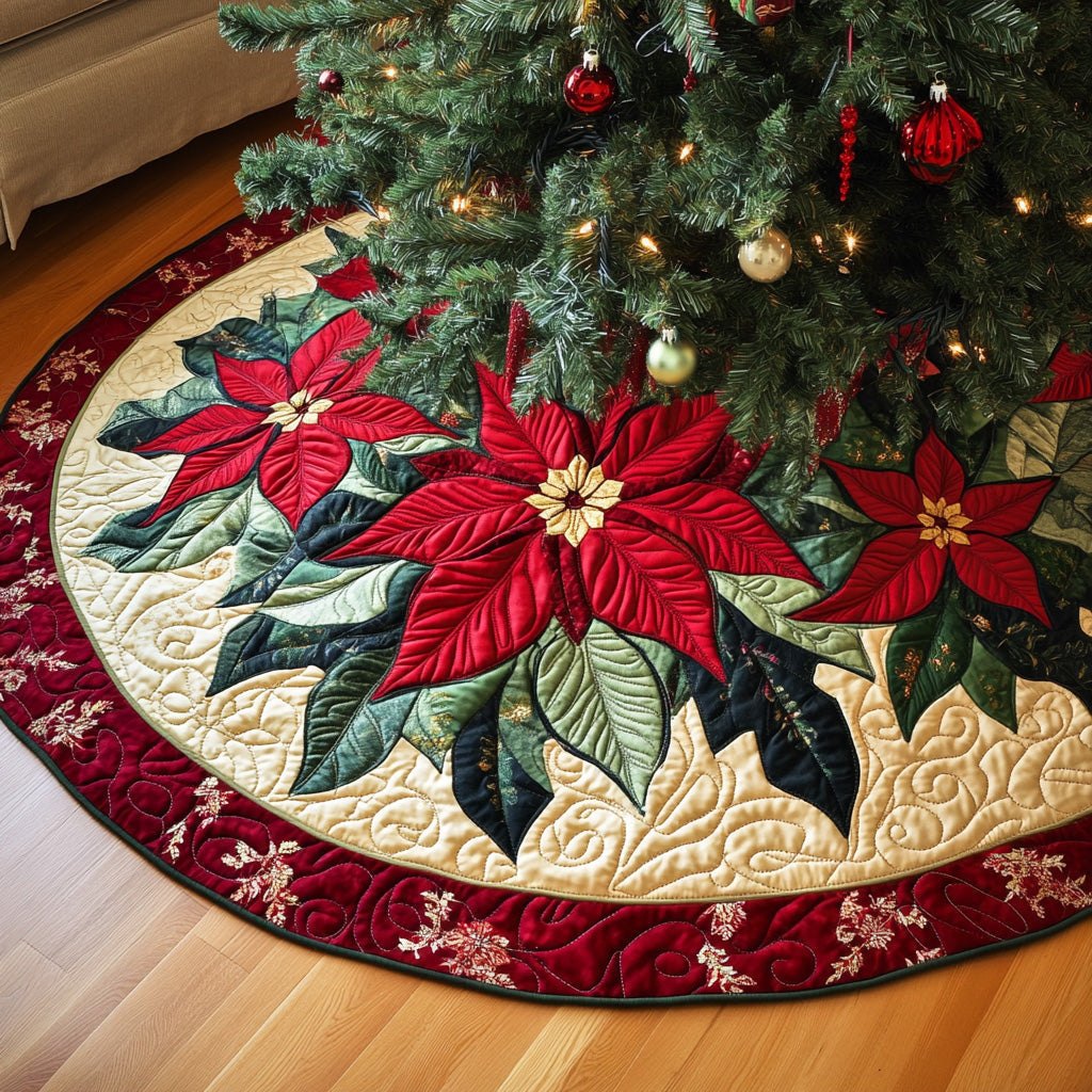 Poinsettias with Red Border Christmas Tree Skirt