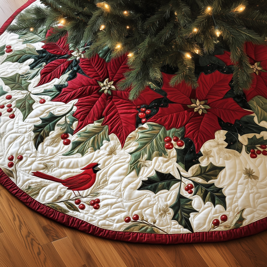 Cardinal Poinsettia Christmas Tree Skirt