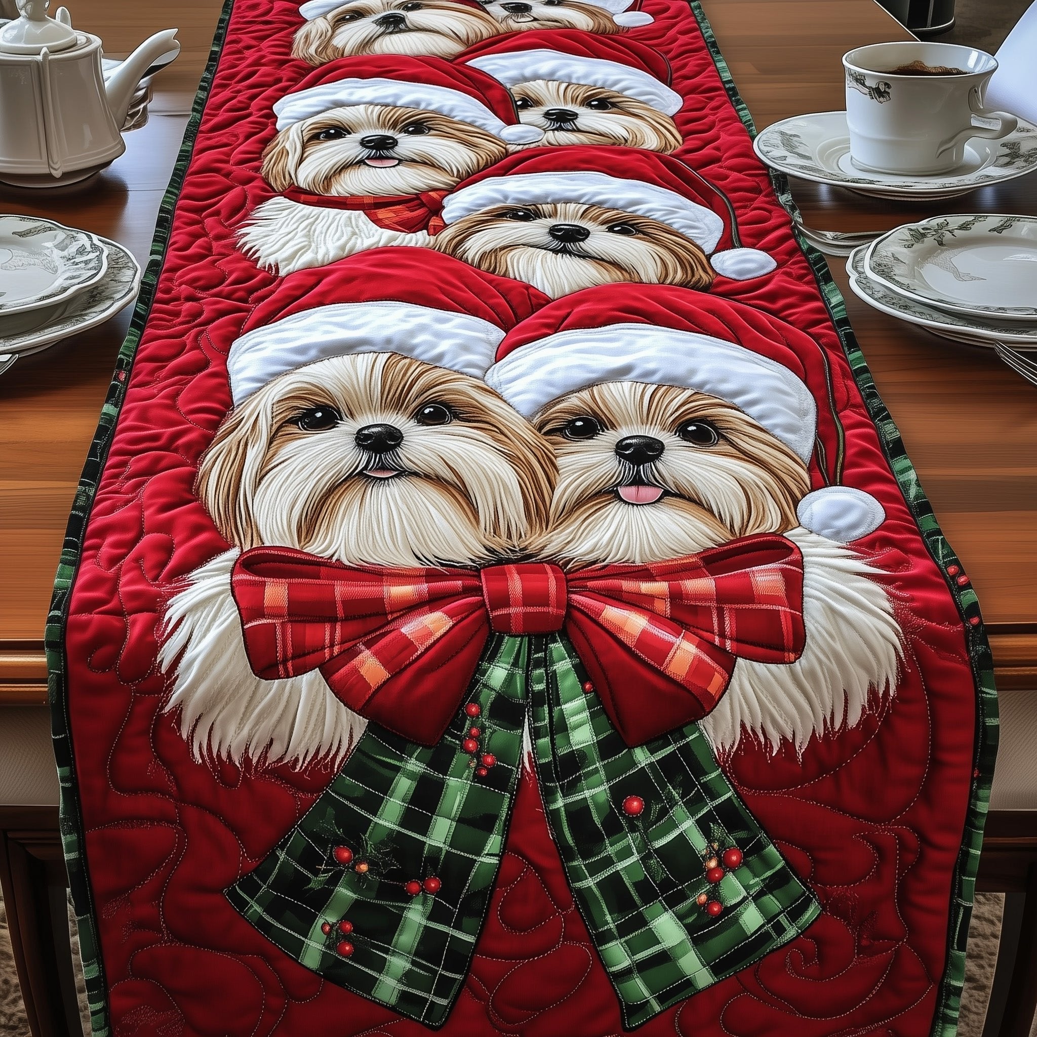 Two Dogs in Santa Hats Table Runner