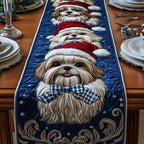 Dog in Santa Hat on Navy Table Runner