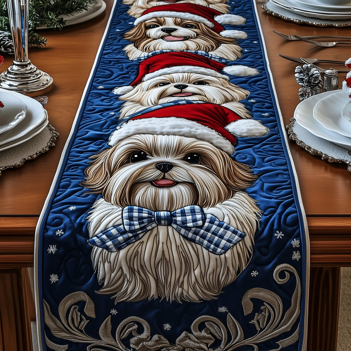 Dog in Santa Hat on Navy Table Runner