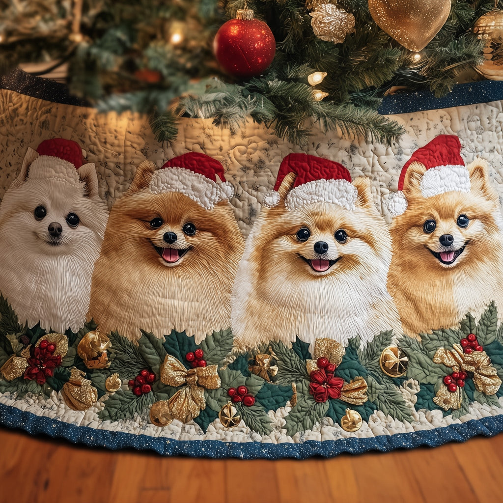 Pomeranians in Santa Hats with Ornaments Christmas Tree Skirt