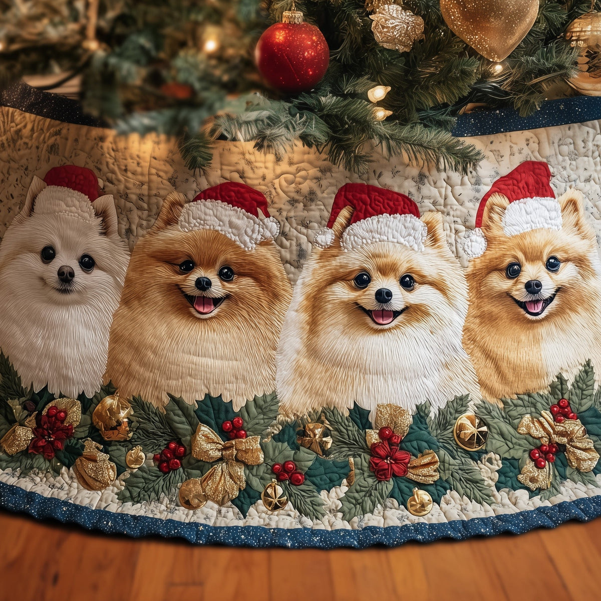 Pomeranians in Santa Hats with Ornaments Christmas Tree Skirt