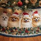 Pomeranians in Santa Hats with Ornaments Christmas Tree Skirt