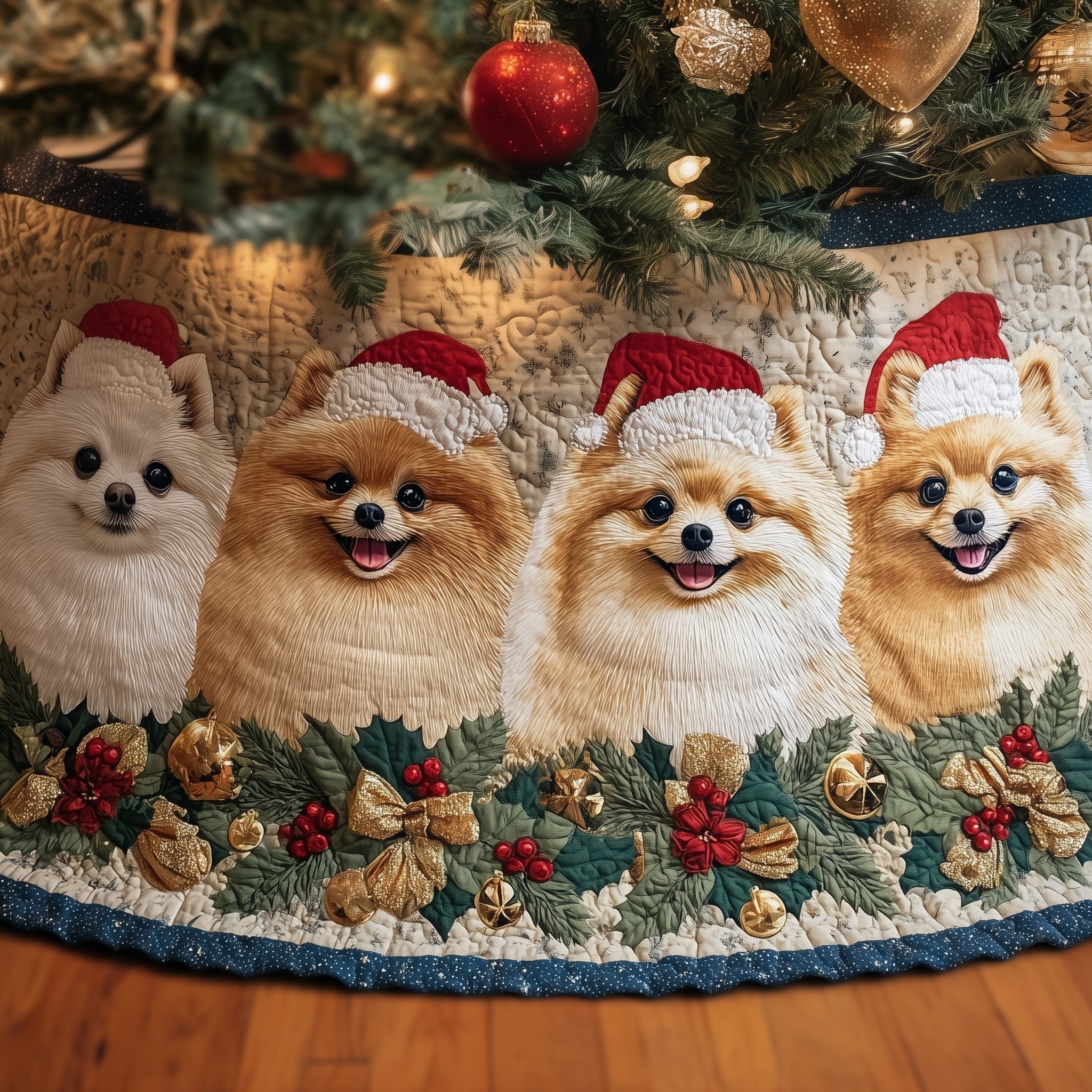 Pomeranians in Santa Hats with Ornaments Christmas Tree Skirt