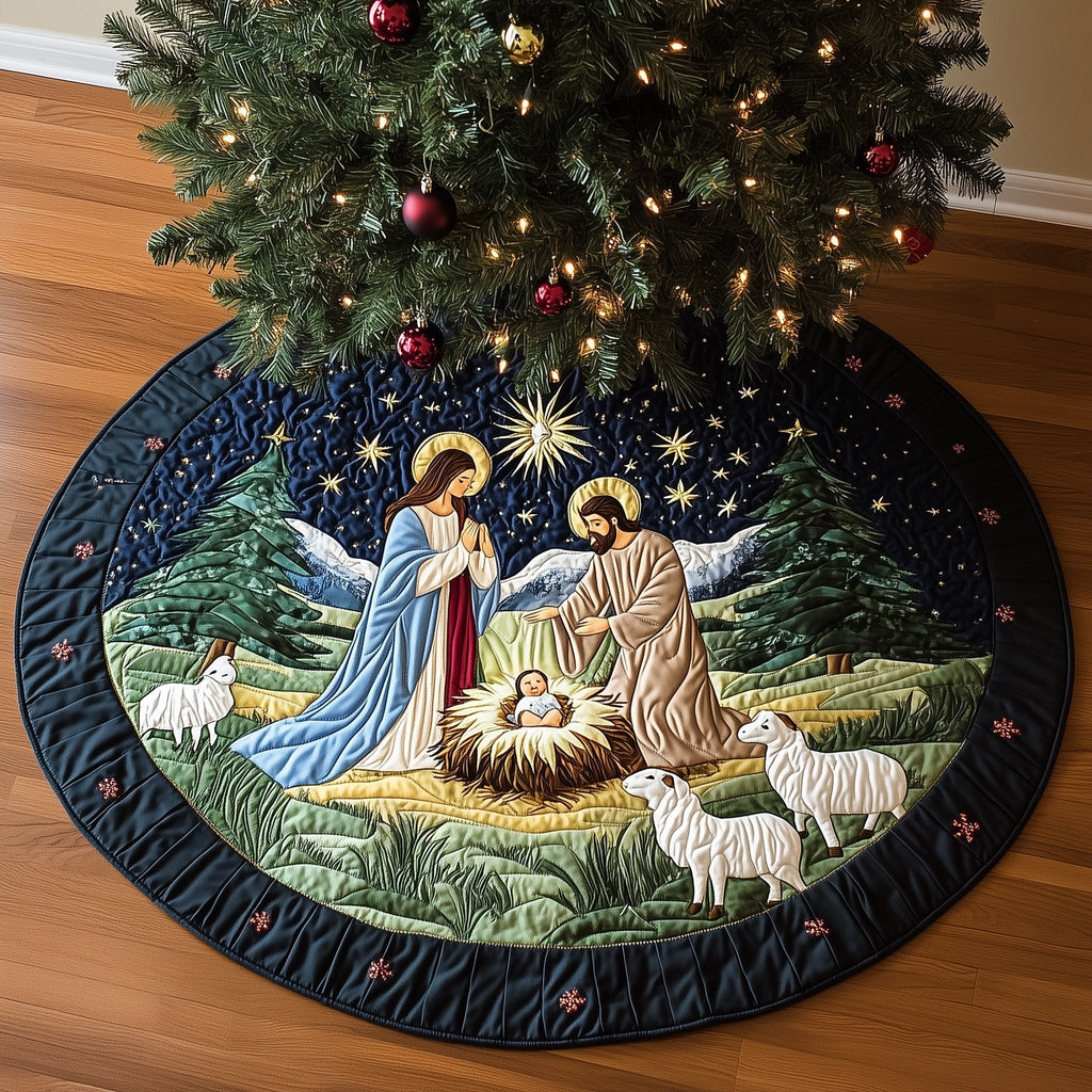 Nativity with Sheep on Starry Night Christmas Tree Skirt