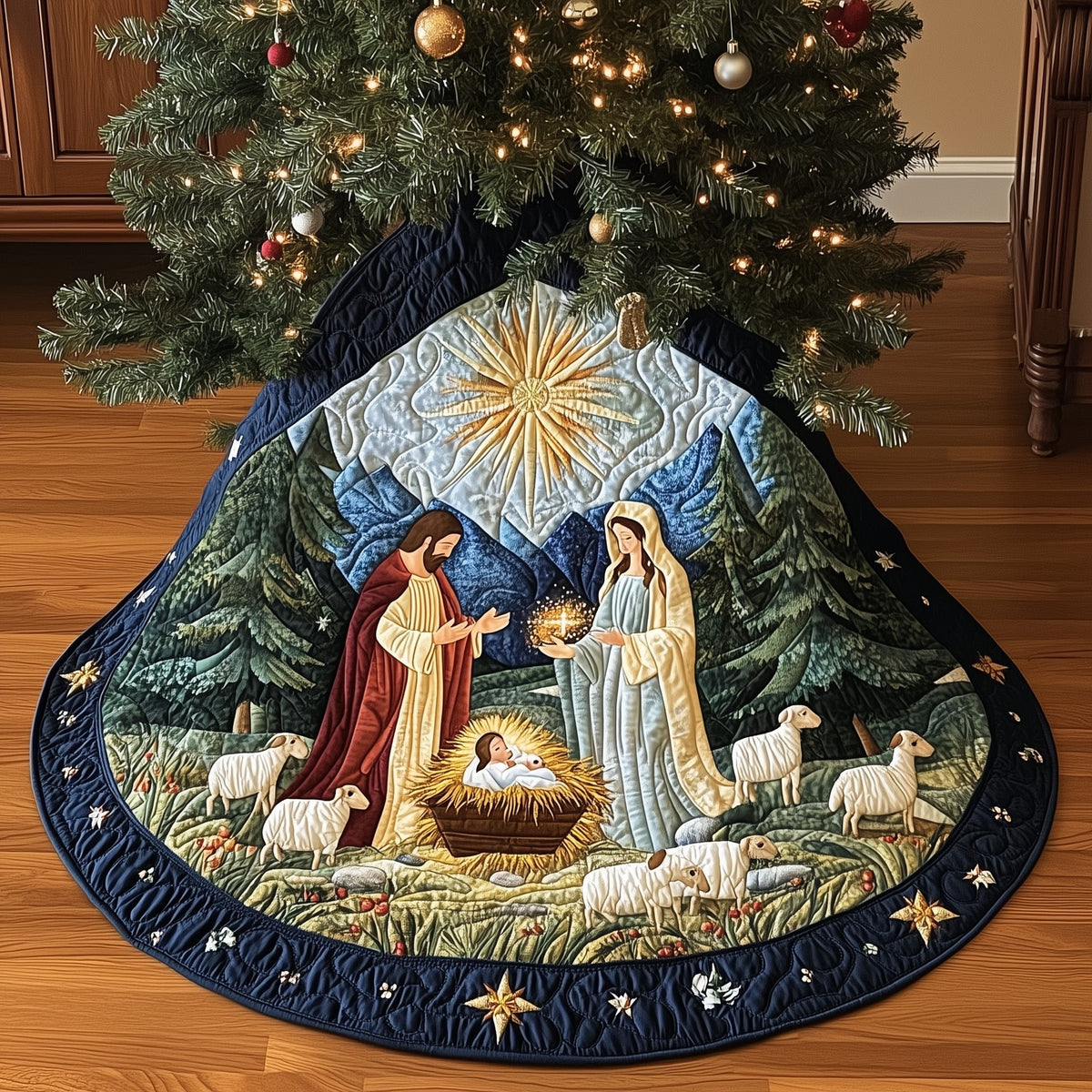 Nativity Beneath the Radiant Star Christmas Tree Skirt