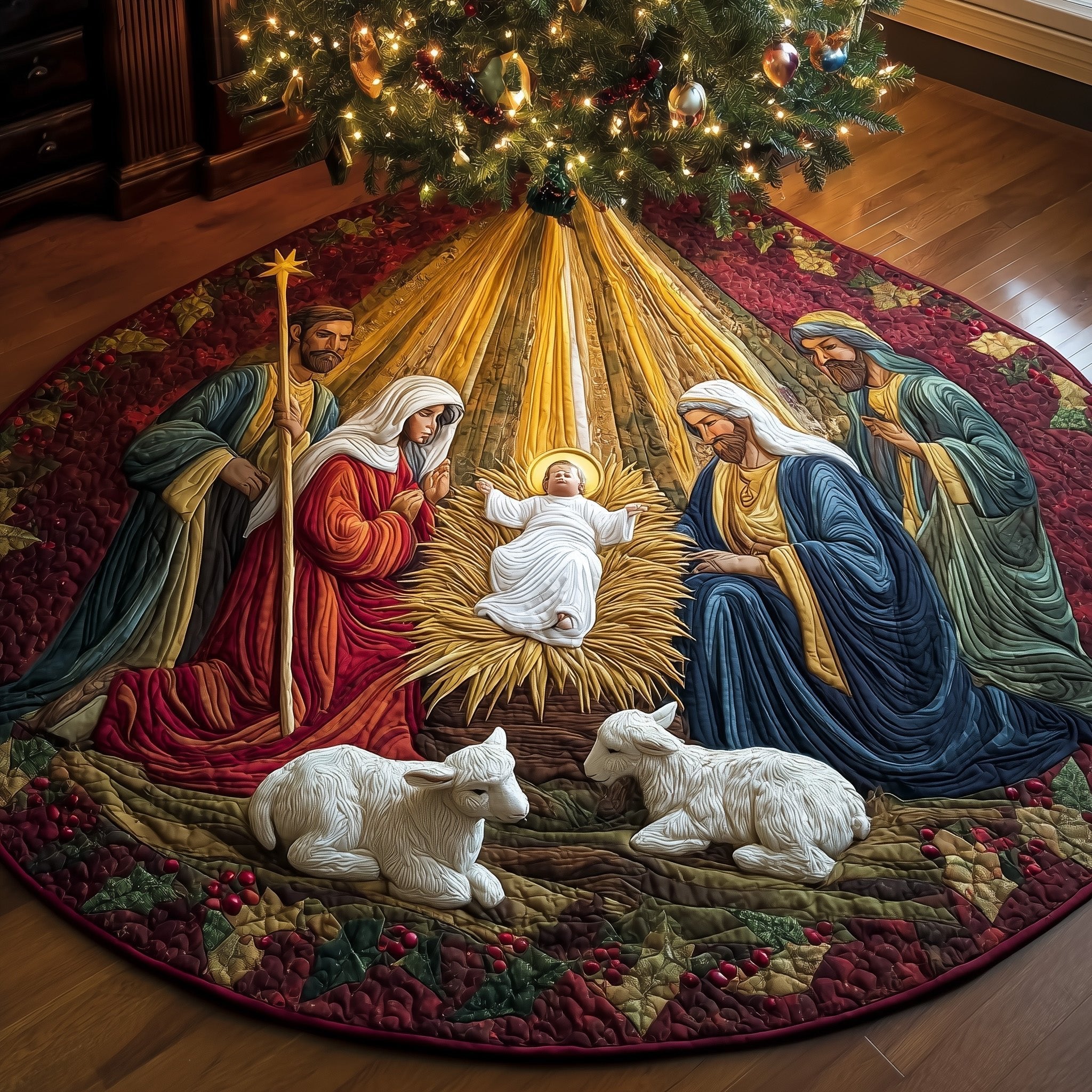 Nativity with Shepherds and Lambs Christmas Tree Skirt