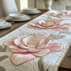 Blush Peony Blossoms on Cream Table Runner