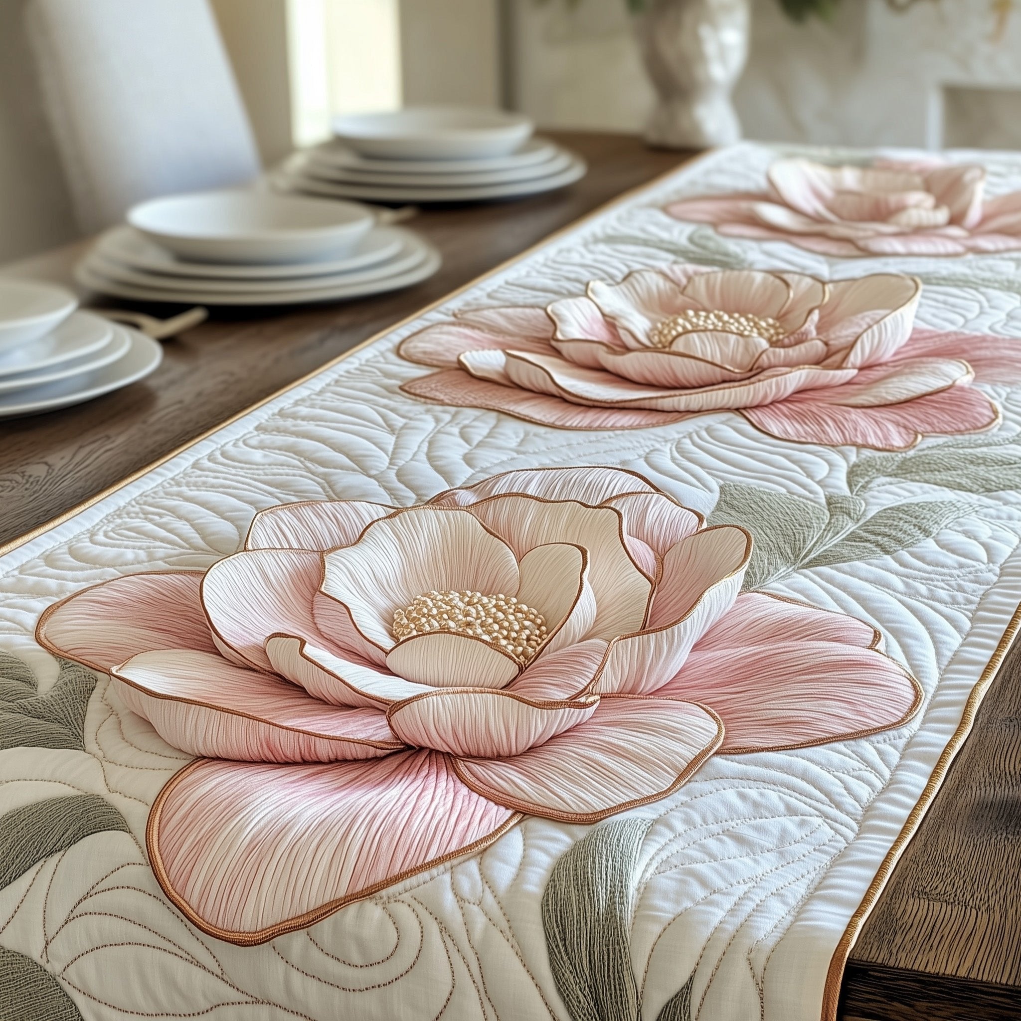 Blush Peony Blossoms on Cream Table Runner