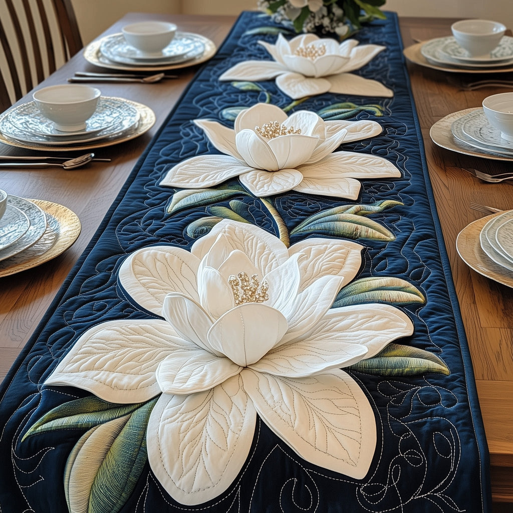 White Magnolia on Navy Panel Table Runner