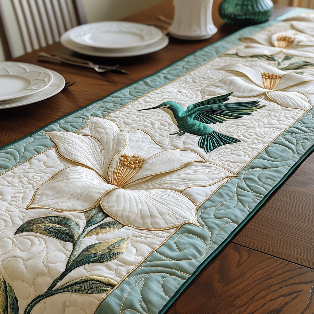 White Magnolia with Green Hummingbird Table Runner