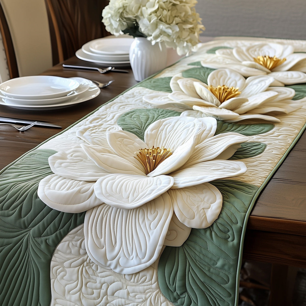 White Magnolia on Sage Green Table Runner