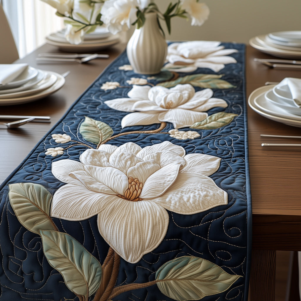 White Magnolia on Deep Blue Table Runner