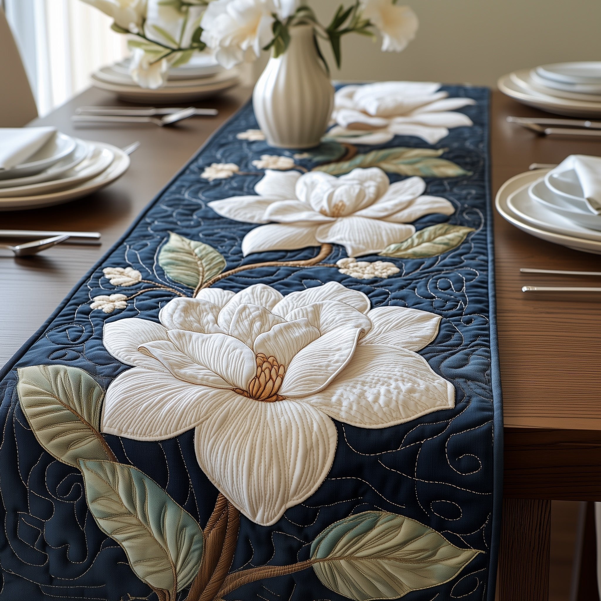 White Magnolia on Deep Blue Table Runner