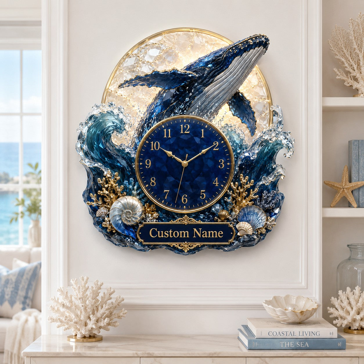 Personalized breaching whale wall clock — personalized with a custom name