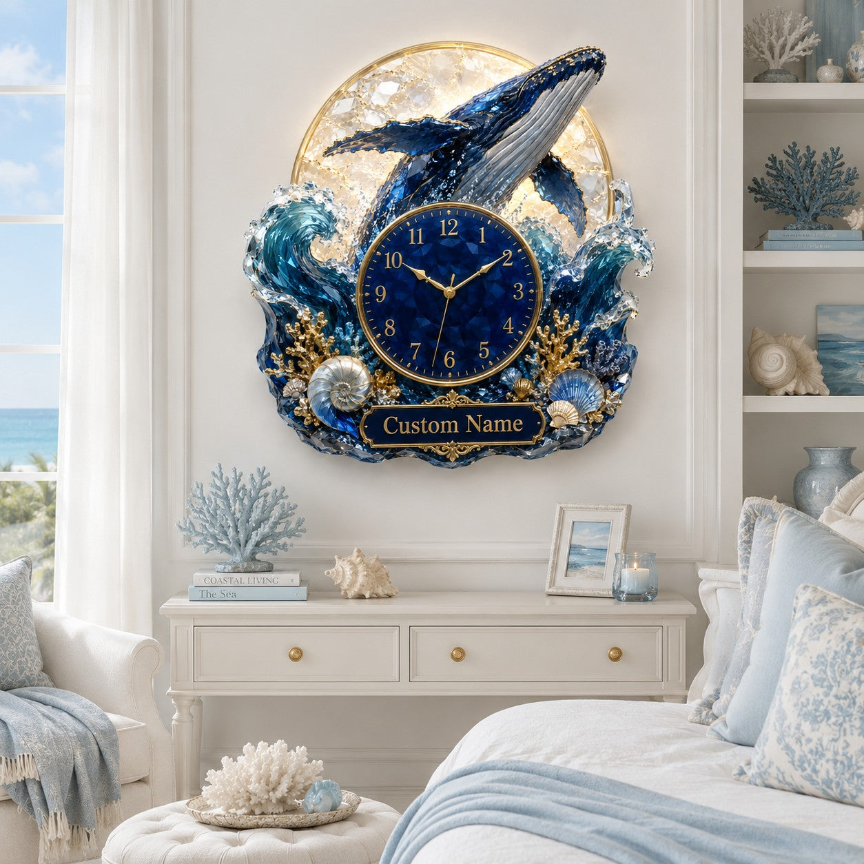 Personalized breaching whale wall clock — personalized with a custom name