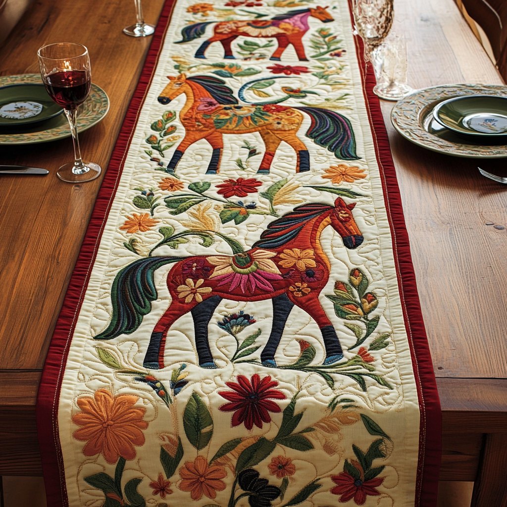 Folk Horses with Flowers on Cream Table Runner