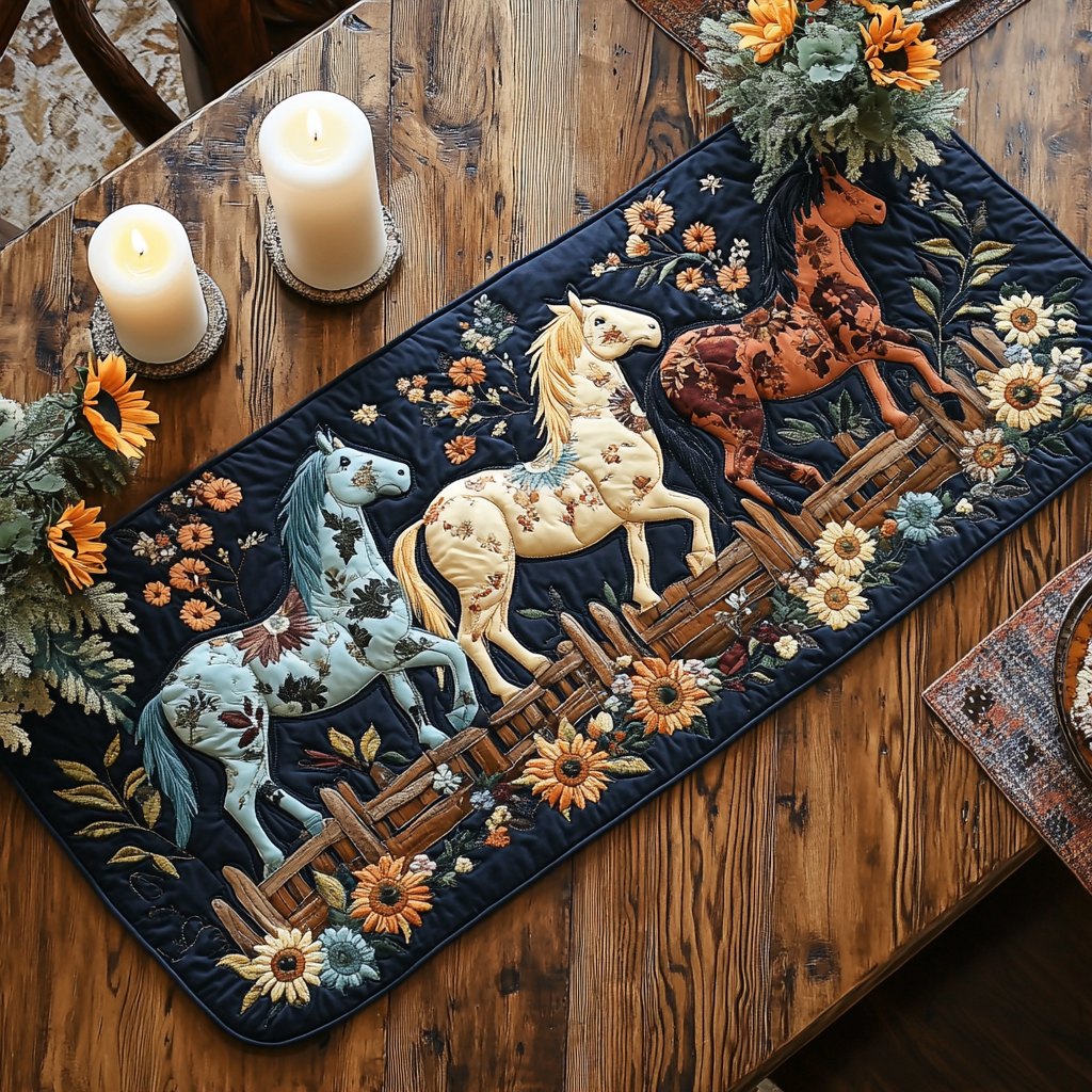 Carousel Horses with Sunflowers on Navy Table Runner