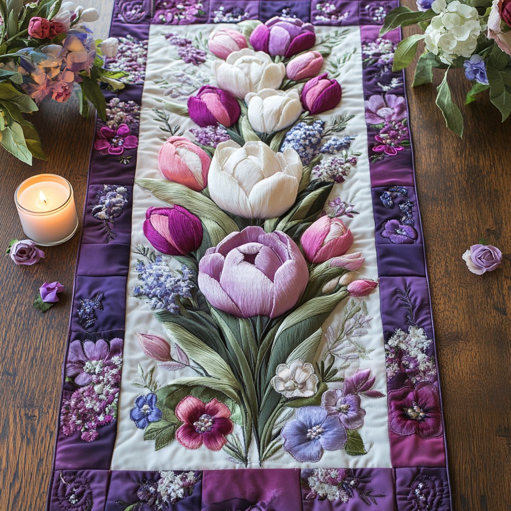 Tulips and Pansies on Purple Table Runner