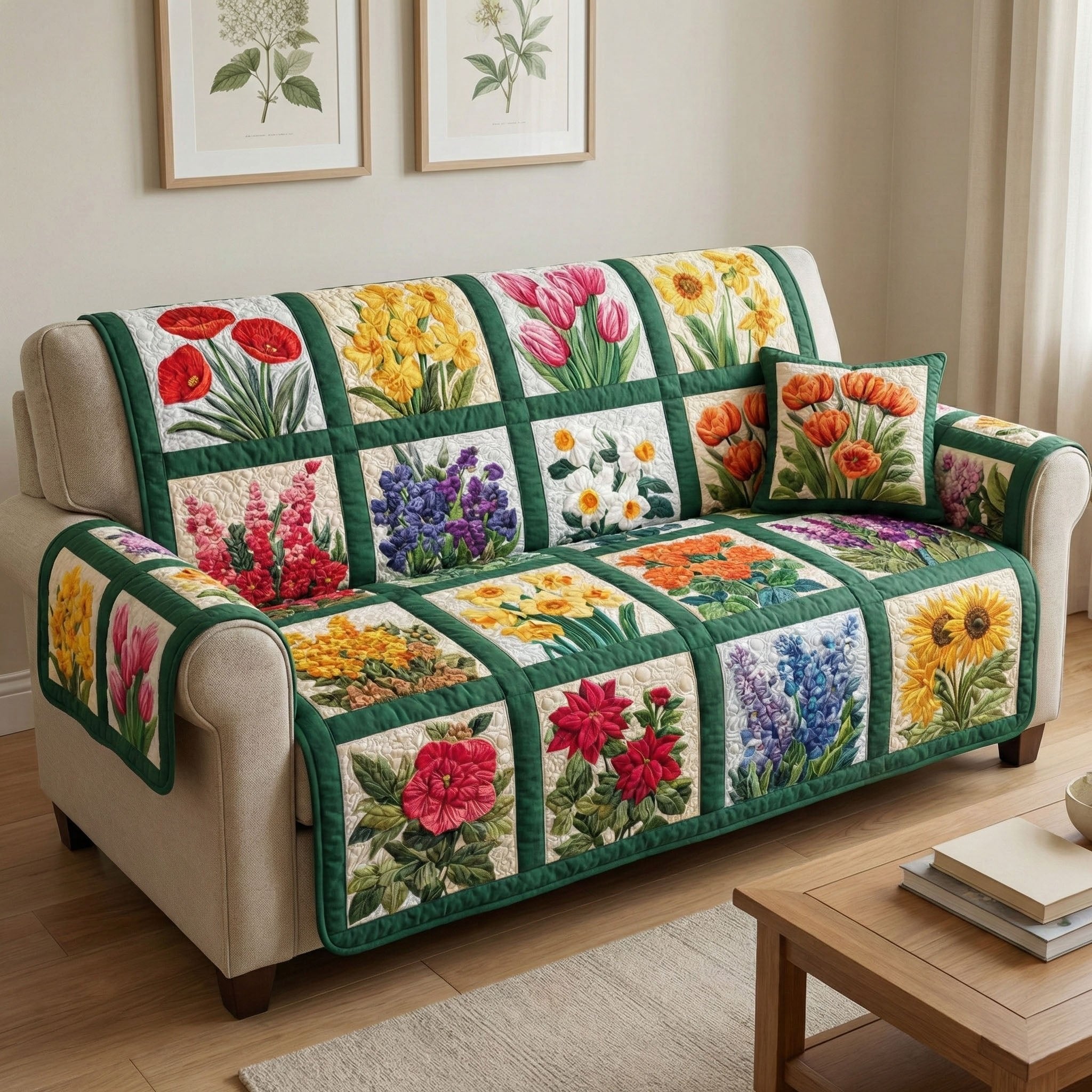 Flower Squares on Green Quilt Sofa Cover