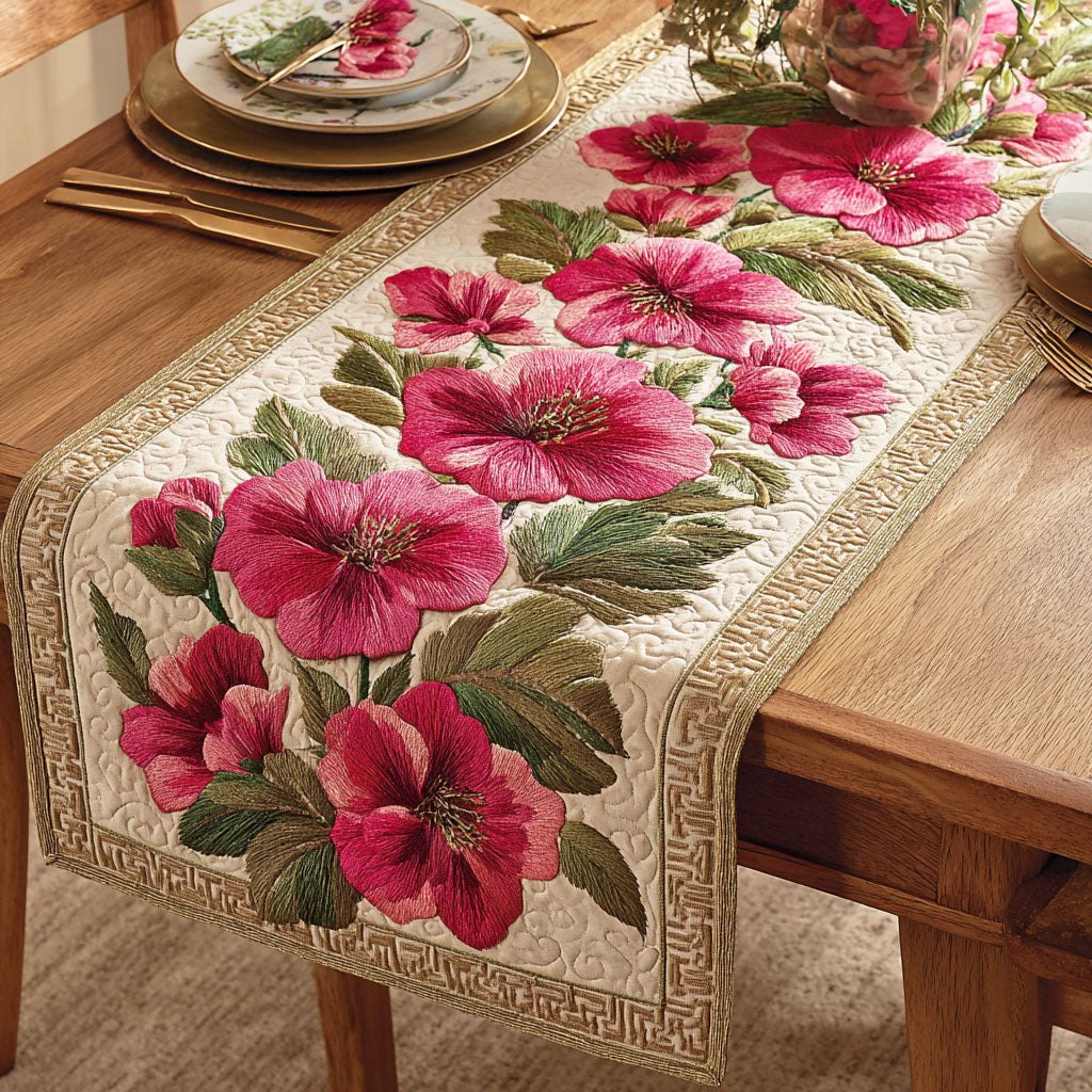Pink Hollyhocks on Cream Table Runner
