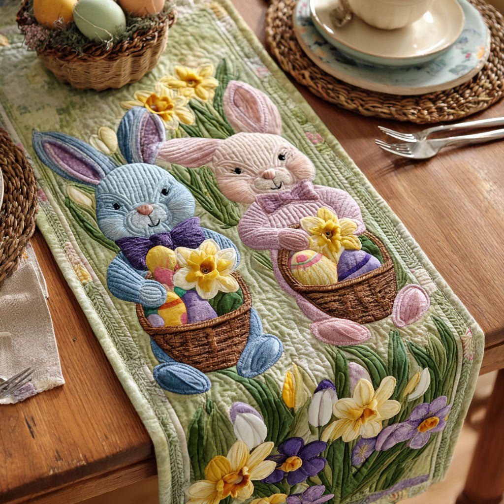 Bunnies with Egg Baskets and Tulips Table Runner