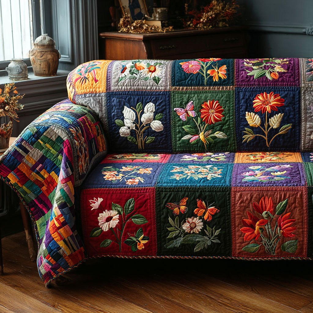 Flowers on Bright Color Squares Sofa Cover