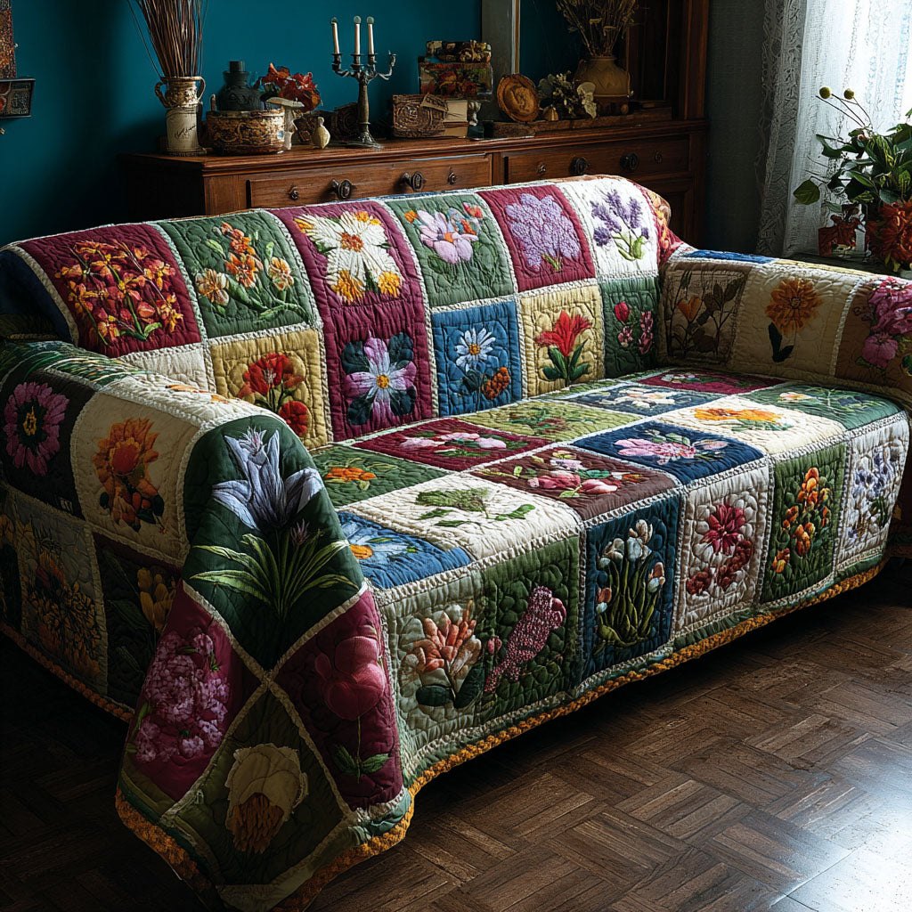 Flowers on Green and Red Squares Sofa Cover
