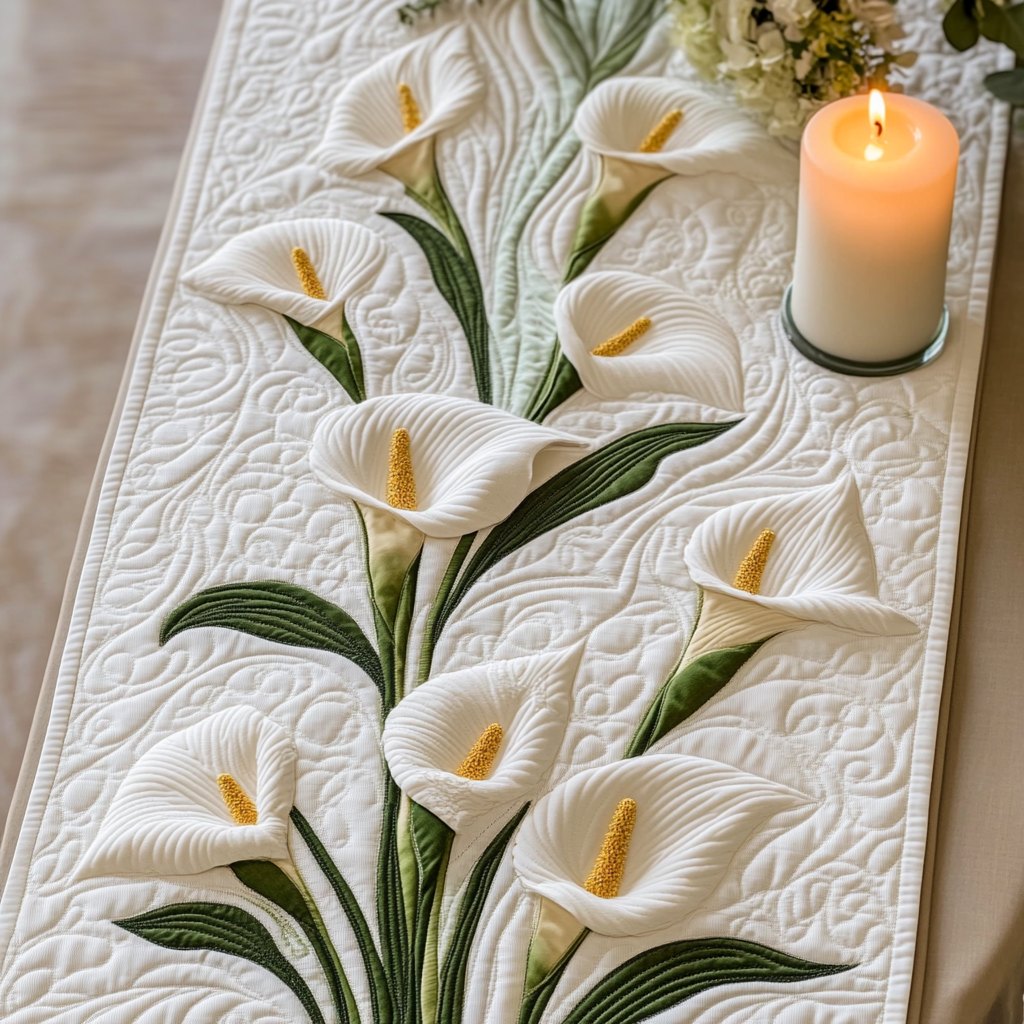 White Calla Lilies on Cream Table Runner