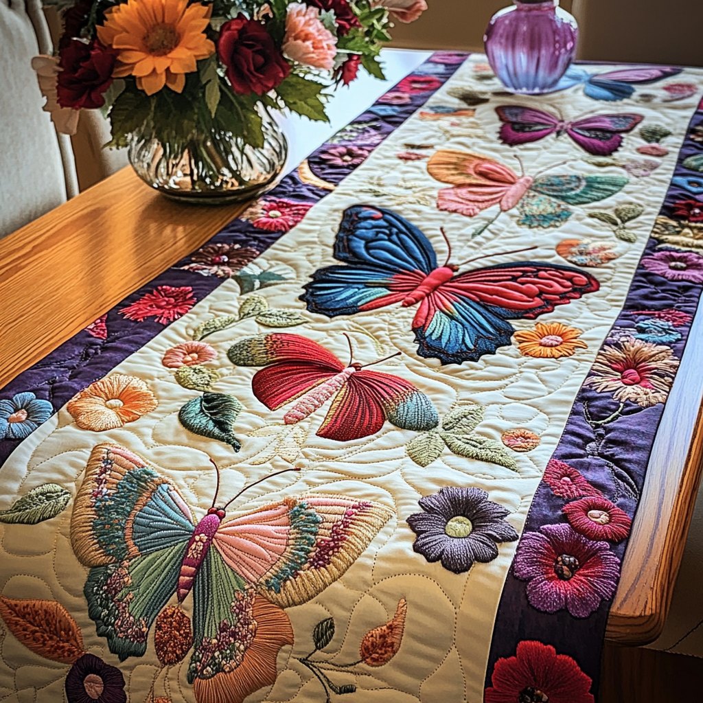 Butterflies and Flowers on Cream Table Runner