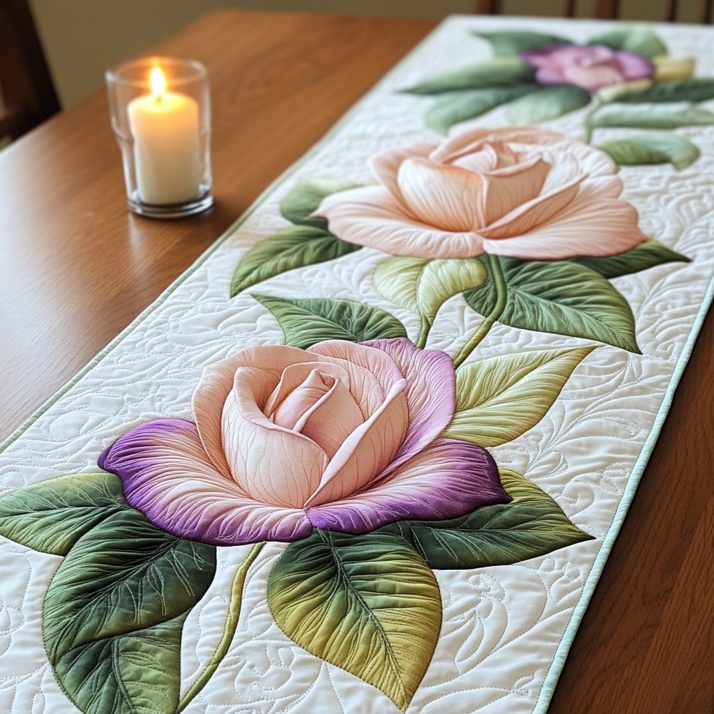 Pink Rose on Cream Quilt Table Runner