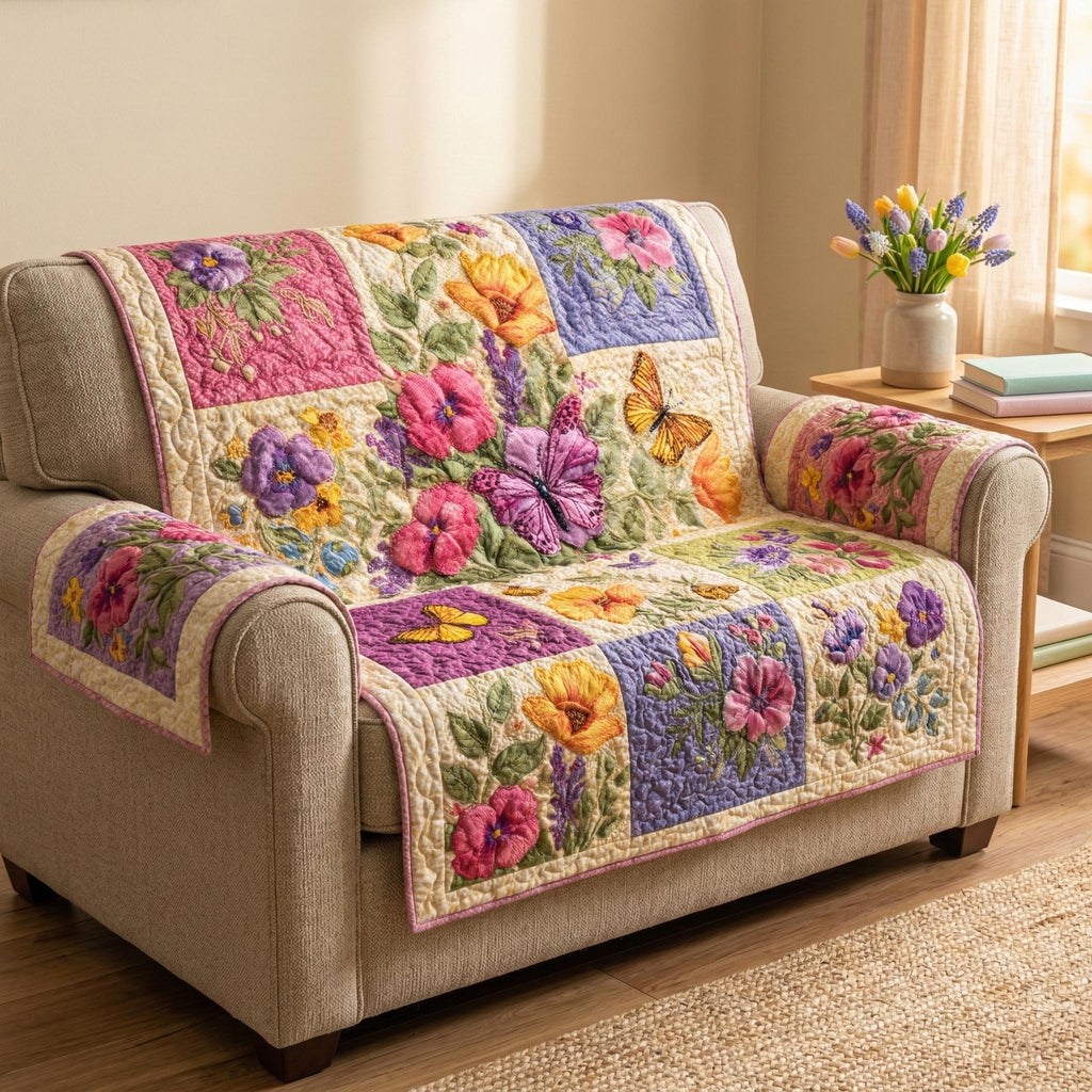 Pink and Purple Blooms with Butterflies Sofa Cover