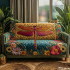 Dragonfly on Gold with Garden Flowers Sofa Cover