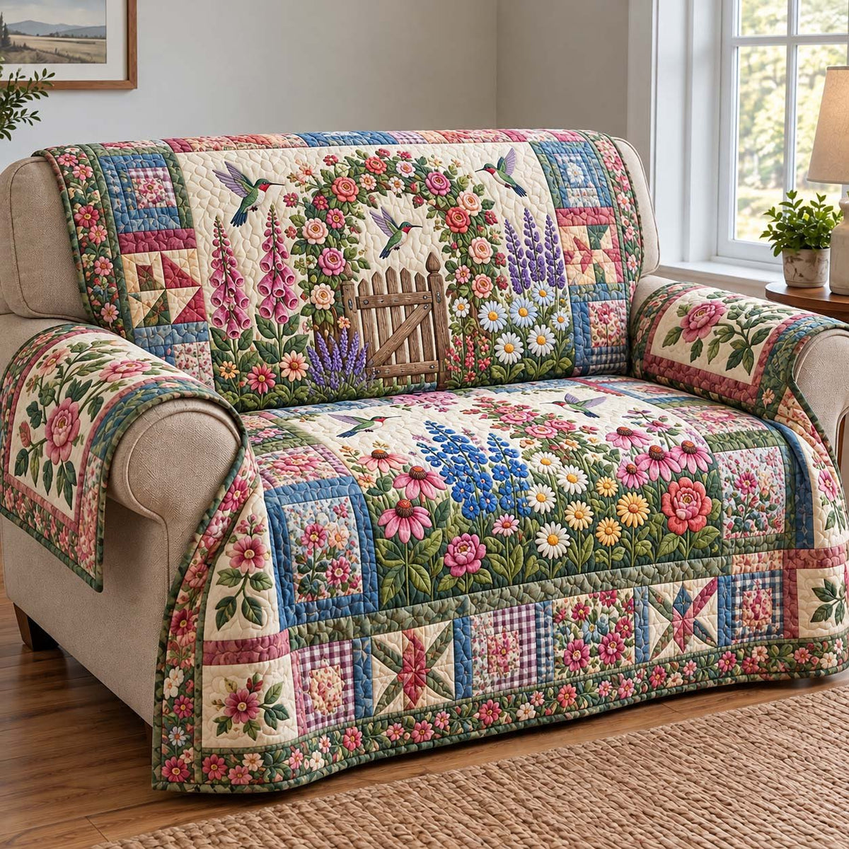Garden Gate Hummingbirds Sofa Cover